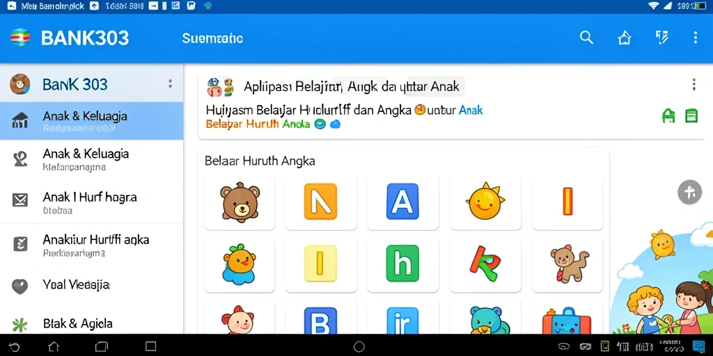 Antarmuka aplikasi BANK303 yang interaktif dan ceria untuk belajar huruf dan angka.