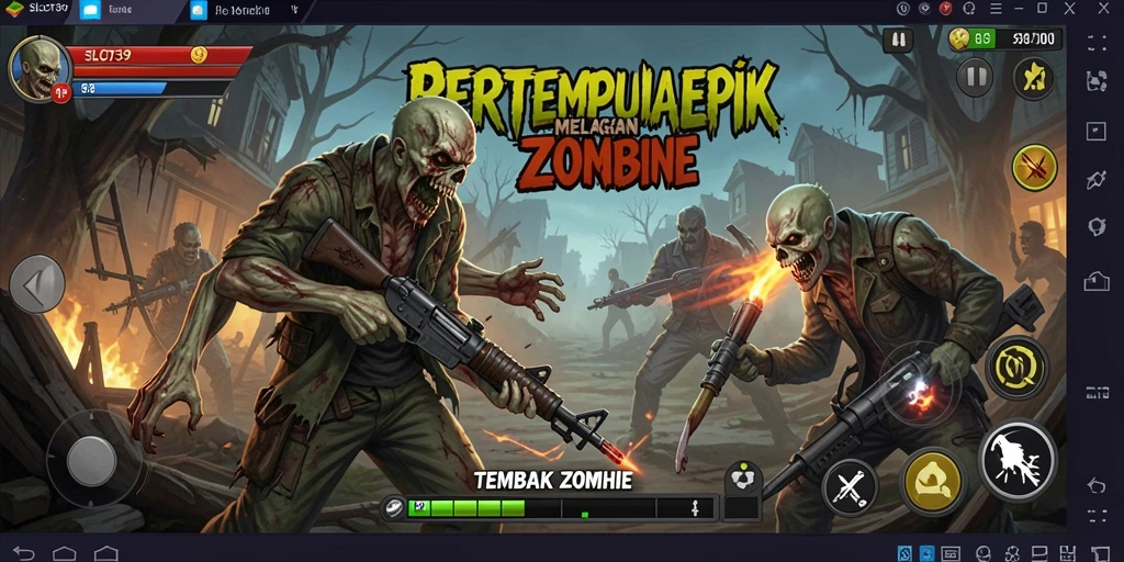 Tampilan antarmuka menyeramkan dengan berbagai zombie yang siap dihancurkan.